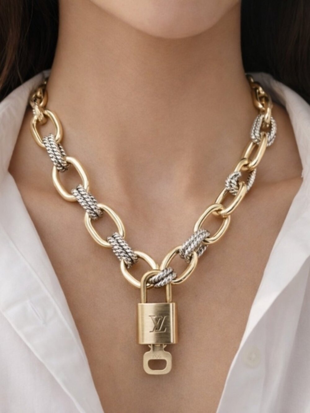 Authentic Louis Vuitton Gold Padlock w/ Unbranded Fashion Geometry Necklace